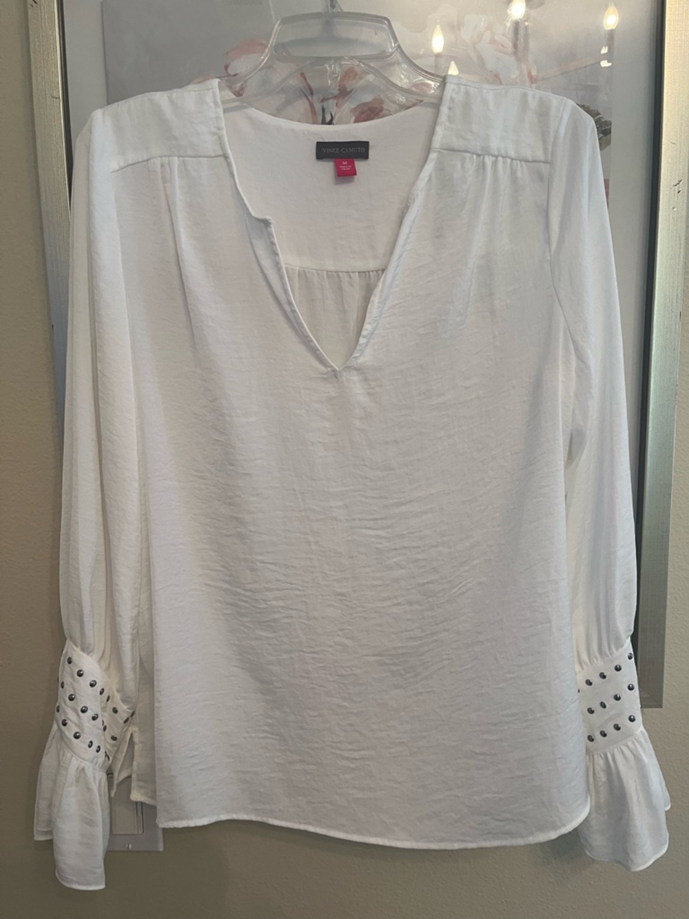 Vince Camuto White V-Neck Blouse with Studded Cuffs